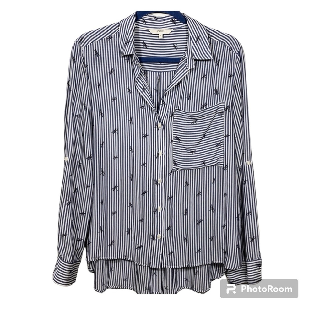 Next Button Up Blouse Dragonfly Design High Low Striped Size 10